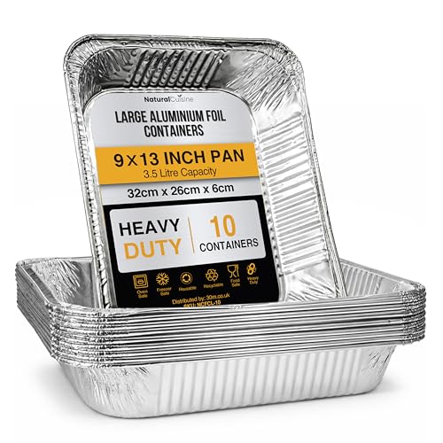 Natural Cuisine Pack of 10 Large Aluminium Foil Trays 9x13 Inch (32x26cm) Heavy Duty Lasagne & Roasting Trays Deep Disposable Foil Containers Baking Pans No Lids