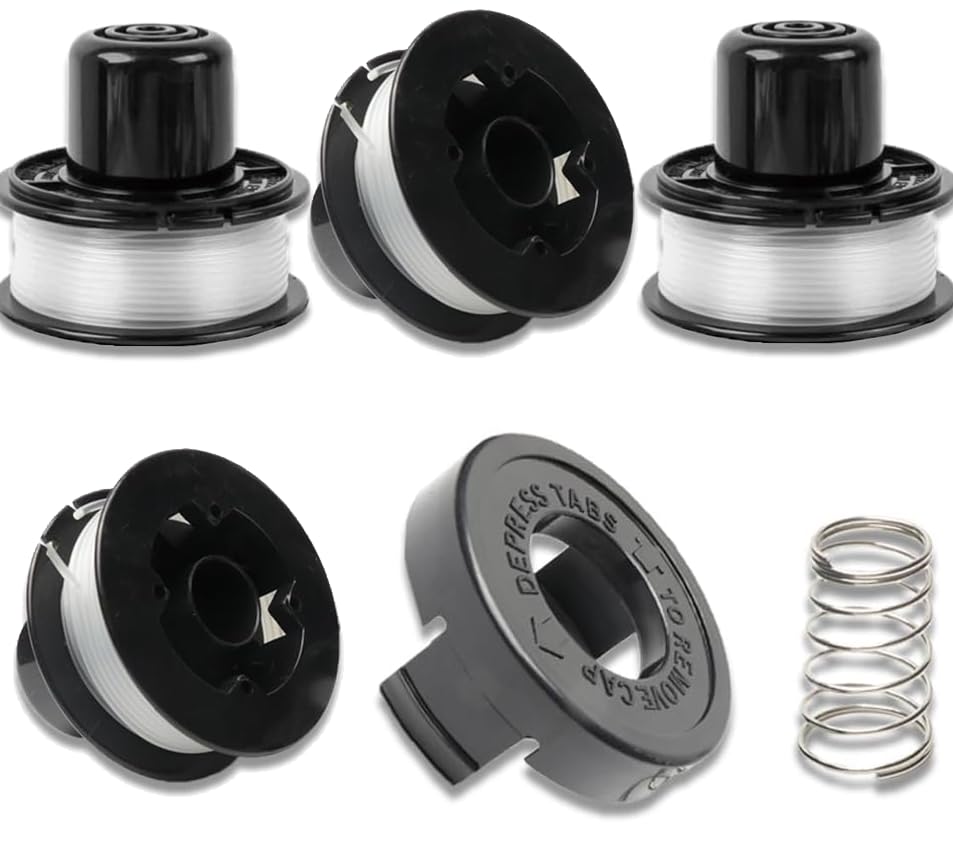 4 PCS Strimmer Spool, Trimmer Spool Line with 1 Strimmer Spool Cover, Compatible with Black+Decker Grass Trimmer Replace GL250/GL310/GL360 / GLC12/ BDST36 Spool and Cover, A6226-XJ