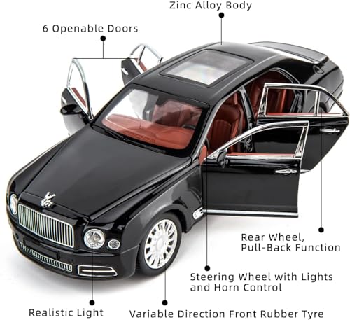 Image of 1:24 Scale Bentley mulsanne Toy Car | Metal Pullback Diecast Car for Kids with Openable Doors, Sound, Light Effects Toy for Car Enthusiasts (Color As Per Available),black