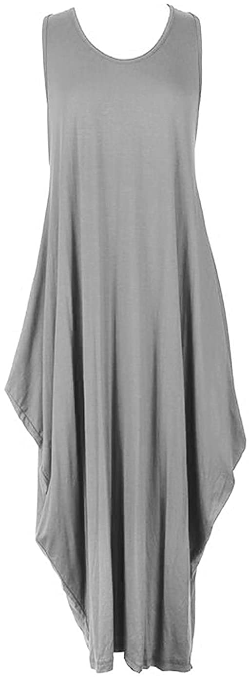 Trendyfashion Women's Light Grey Italian Tulip Lagenlook Parachute Dress Stretchy Sleeveless Long Tunic Top