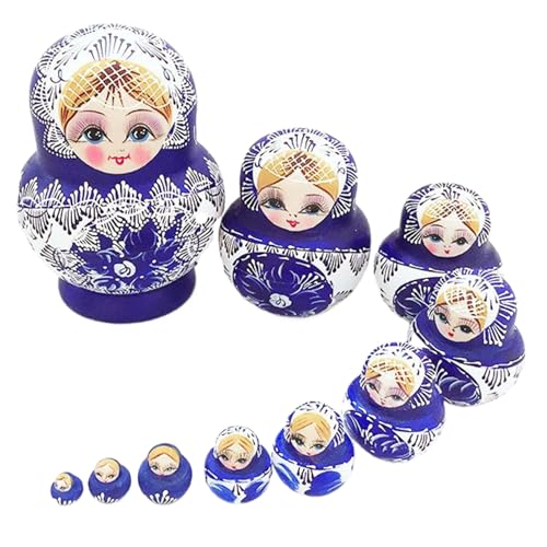 Poupée Matriochka en bois bleu | Set de 10 pièces gigognes russes traditionnelles pour enfant