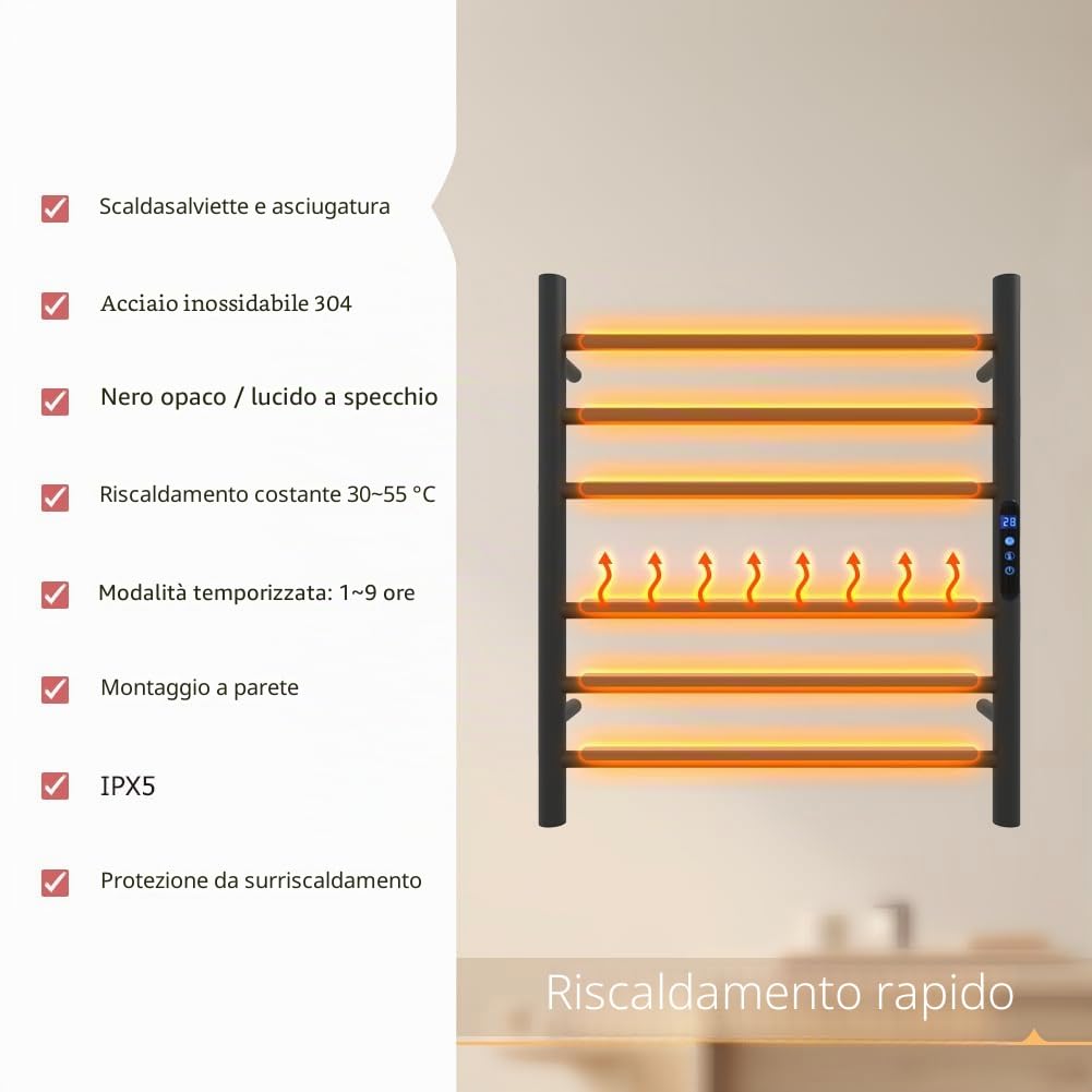 KWW Portasciugamani riscaldato, telecomando con APP Tuya, scaldasalviette con timer, scaldasalviette caldo a parete per bagno (nero opaco, 5 bar)