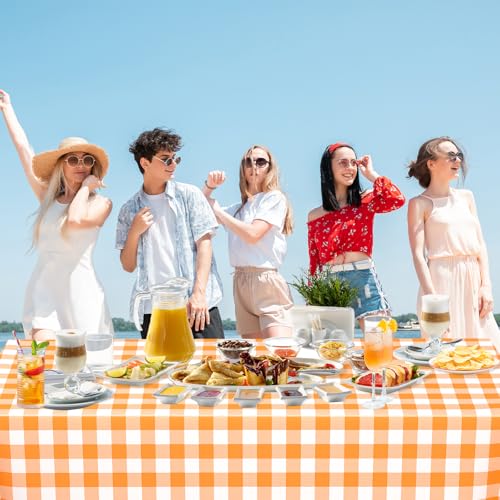 Image of WNINK 6 Pack Orange and White Checkered Rectangular Plastic Tablecloths, Orange Gingham Waterproof Disposable Table Covers 54 inch x 108 inch for Birthday, Wedding, Outdoor Picnic Camping Parties