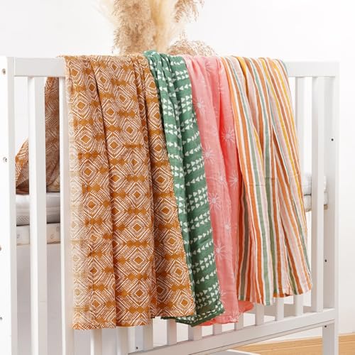 Image of 4 Set Muslin Swaddle Blankets Receiving Blanket for Newborn Baby | Boys, Girls Cute Soft Print Baby Towel Wrap 120x110cm Baby