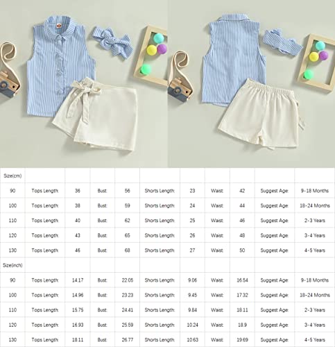 3Pcs Baby Girls Stripes Sleeveless Vest Lapel Button Down Shirt + Elastic Waist Skirt Shorts + Headband Set (Blue Beige, 3-4 Years) #TOP1