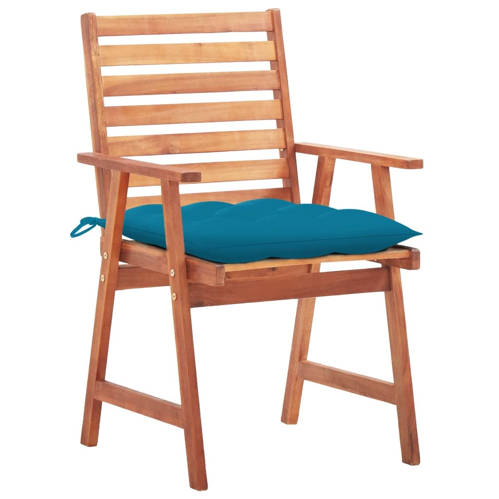 Set 3 Sedie da Pranzo Esterni in Acacia con Cuscini Blu | Legno Massello Resistente, Cuscini Impermeabili 100% Poliestere, Con Braccioli, 110 kg Portata