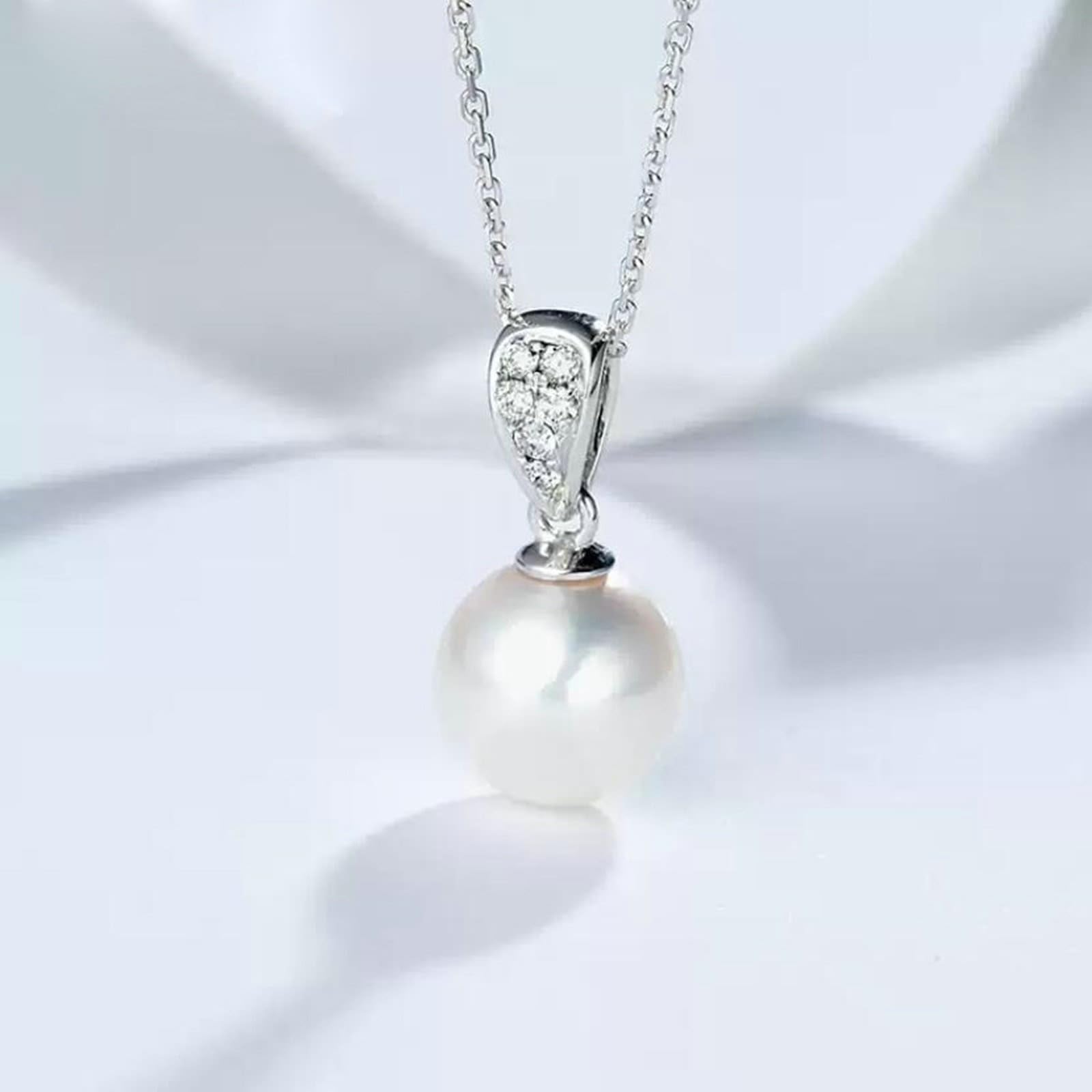Pendentif pour femme en or blanc 9K/14K/18 carats/PT950 véritable bijou, perle blanche 7,5-8 mm Pendentif pour femme Chaîne ronde Collier femme Or Au750/585/375