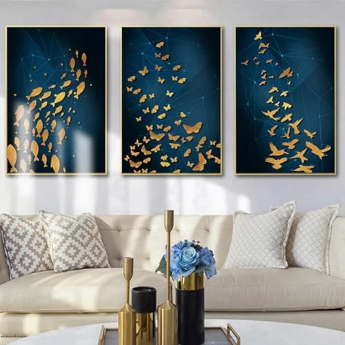 Affiches abstraites poissons papillons déco salon moderne triptyque 60x80