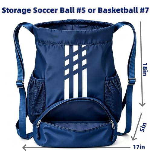 Image of Soccer Bag, Youth Soccer Basketball Bag with Compartments Drawstring Backpack for Football Volleyball Gym Training (Blue)