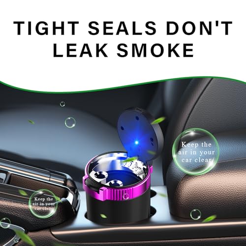 Image of KVAEY Car Ashtray with Lid, Mini Portable Car Ashtray, Detachable Stainless Steel Smokeless Ash tray with LED Blue Light, Windproof Cars Accessory for Travel Car Smokers (Purple, 2pcs)