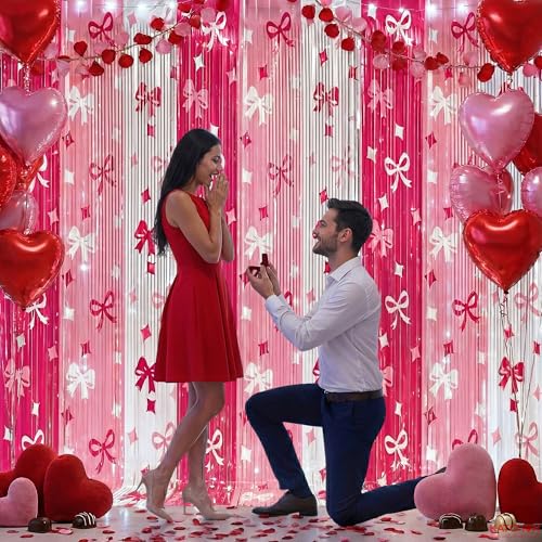 Image of KatchOn, Xtralarge Pink Bow Streamer Backdrop - 3.2x6.5 Feet, Pack of 3, Pink Bow Banner | Valentines Backdrop, Valentines Day Decorations | Pink Bow Birthday Decorations | Galentines Day Decorations
