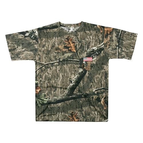 Mooselander Men's Patriotic T-Shirt, Mossy Oak Camo T-Shirt for Men, Hunting Apparel with USA Flag Embroidery, MO Country Roots, Large