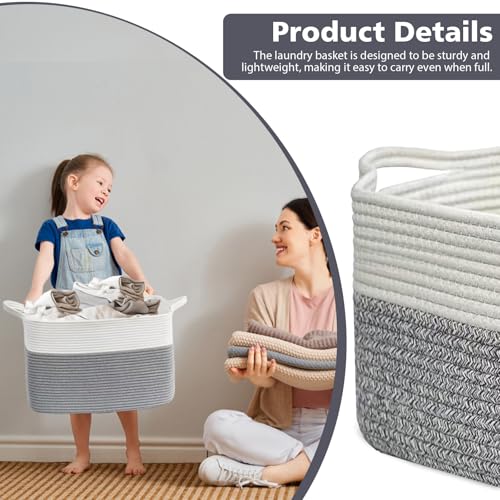 Large Foldable Woven Laundry Basket Storage with Handle for Baby Clothes Toy Blanket Bedding Towel 55 * 38 * 30cm,Suitable for Living Room Bedroom Bathroom (Grey & White) - Image 4