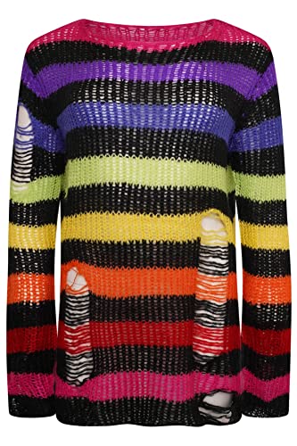 Image of Ro Rox Gothic Knitted Jumper with Distressed Look - Oversized Pullover Ripped Design, Loose Fit, 90s Grunge Stripe Pattern