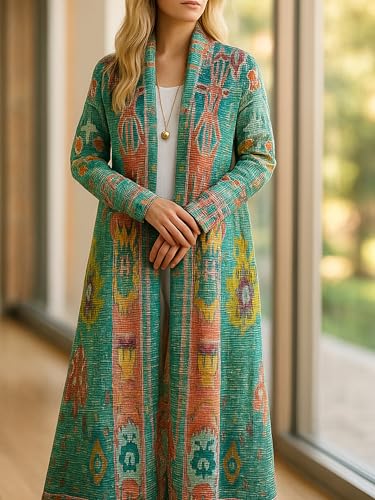 Open Front Vintage Print Cardigan for Women Wrinkle-Free Long Sleeve Lapel Collar Long Coat 2025 Fall New3