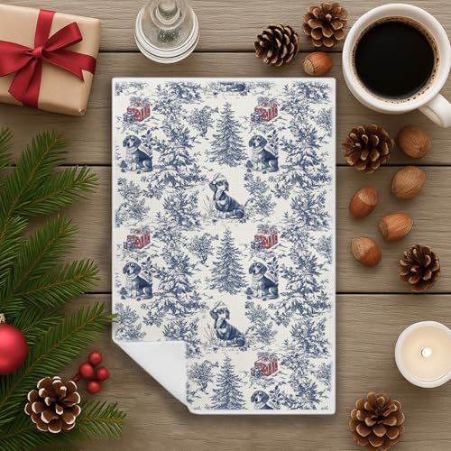 Image of Blue Dachshund Christmas Kitchen Towels,Vintage Dog Lover Gifts Dish Tea Towels for Kitchen,French Chinoiserie Holiday Decorative Hand Towel for Bathroom, 16x24 Inch