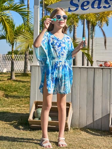Haloumoning Girls Chiffon Swim Beach Cover Up Kids Cute Elastic Waist Printed Bathing Suit Coverups 5-14 Years4