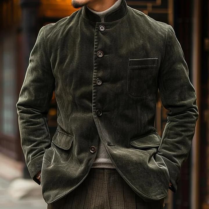 VENNYNG Men's Corduroy Blazer Mandarin Stand Collar Suit Coat Autumn 5 Buttons Casual Jacket Fall Winter wear4