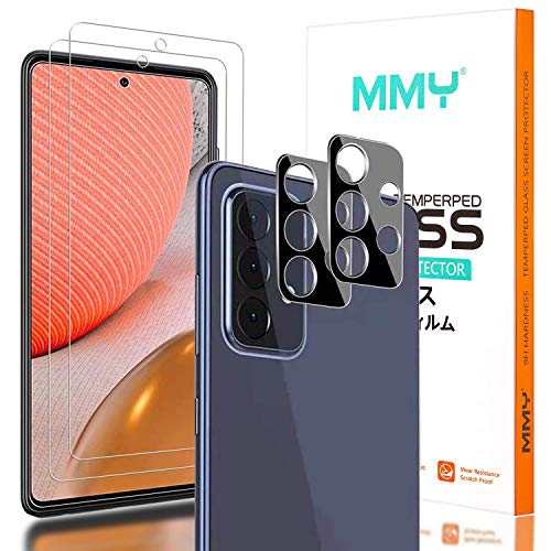 [2+2 Pack] MMY Compatible with Galaxy A72 Screen Protector + Galaxy A72 Camera Lens Protector for Samsung Galaxy A72 5G/4G Tempered Glass 9H Hardness HD Bubble Free -Scratch Resistant