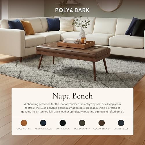 Image of Poly & BARK 55 inch Tufted Leather Bed Bench for Bedroom End of Bed - Living Room Entry Way Bench - Pure Italian Leather Upholstery with a Solid Wood Frame - Ottoman Bench with Wooden Legs - Cocoa Brown
