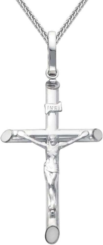 The World Jewelry Center 14k White Gold Crucifix Cross Pendant with 0.8mm Braided Square Wheat Chain Necklace