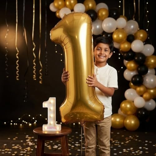 Image of Balloonistics Gold 40-Inch Foil Number 1 Balloon with Matching LED Marquee Light - Combo Set for 1st Birthday, Anniversary, Party Decoration, Photo Booth Backdrop, Cake Table Decor