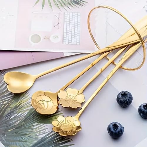 Image of Gold Tone Dessert Spoon Set with Decorative Flower and Heart Shaped Spoon Heads (Pack of 12)
