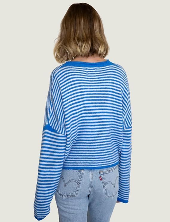 Esmeling Women Button Down Striped Cardigan Crew Neck Long Sleeves Sweater Open Front Knit Outerwear - Image 2