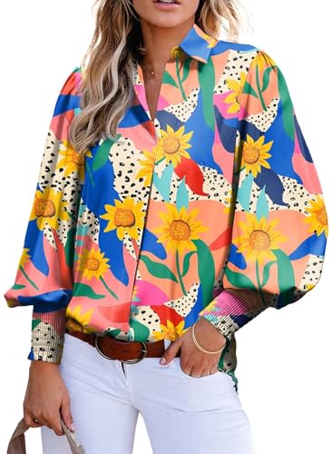 Astylish Boho Tops for Women 2024 Puff Sleeve Blouse Summer V-Neck Chiffon Paisley Oversized Button Down Shirt Dressy Orange X-Large