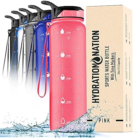 Hydration Nation (32oz Water Bottle With Time Marker - Leak Proof Water Bottles With Times To Drink For Fitness & Sports - 32oz Water Bottle With Straw For Drinking - Water Tracker Bottles (Pink) Cover