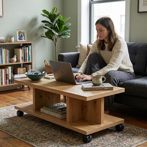 Image of FFO T Shape Center Table with Wheels | 80x50x45 cm Wooden Coffee Table | Modern Living Room Tea Table with Storage Shelf | Engineered Wood Center Table for Home & Office (Oak Finish)