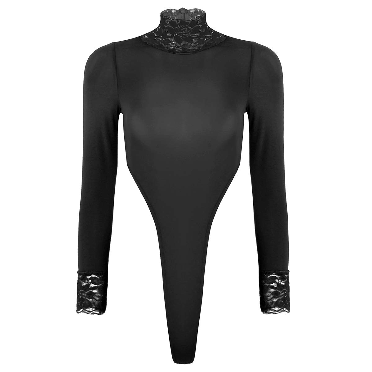 Women's Sheer Mesh Lingerie Bodysuit Long Sleeve Lace Turtleneck High Cut Thongs Leotard