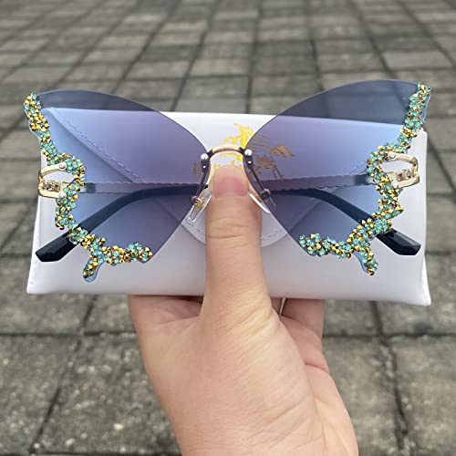 Luxury Diamond Butterfly Sunglasses Women Vintage Rimless Oversized Rhinestone Bling Sun Glasses Ladiesy2K Eyewear (Blue) #TOP4