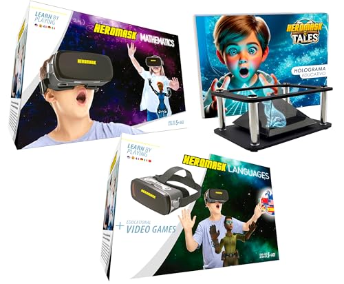 Heromask Bundle Educativo 3 en 1 – Idiomas, Matemáticas y Cuentos en Realidad Virtual y Hologramas | Juego 2 en 1 con Casco VR + Pirámide | Regalo Original para Niños 5-12 Años