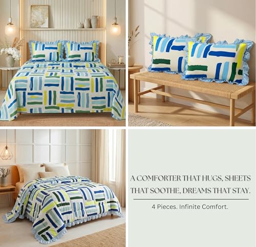Image of SANMARINO Premium Cotton Double Bed 4 Piece Bedding Set with Frill Border | Comforter with Matching Bedsheet and Pillow | Ultra Soft & Lightweight Quilted Comforter Set |228x228 cm, Ocean Grid Blue
