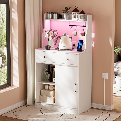 Ztexkee Buffet para microondas con Enchufe Aparador de Cocina con 1 cajón, 4 armarios y 3 Ganchos Estante para microondas Aparador 70x40x134 cm para Comedor, Cocina, salón Blanco