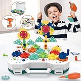 Kit de perforación de mosaico creativo: un total de 193 piezas para que los niños construyan. Este juego de taladro para niños incluye un taladro eléctrico, un taladro de mano, tuercas y tornillos de plástico, un destornillador, un tornillo, una llave inglesa, clavos de setas, tarjetas de rompecabezas y una caja de almacenamiento viene con un libro con diseños para crear para que los niños puedan seguirlo para construir dinosaurios, castillos, camiones, mariposas, ovnis, robots, etc.