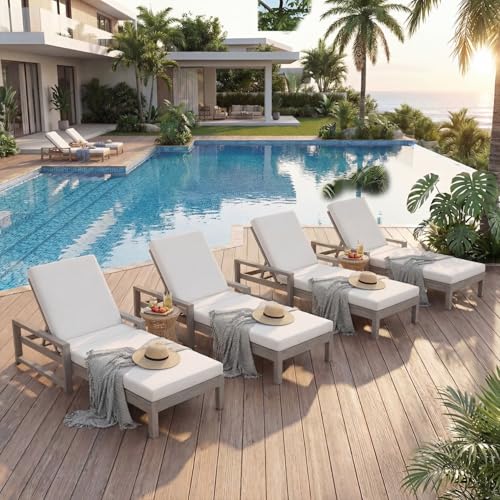 Outdoor Chaise Lounge Chair Set of 4, Patio Chaise Lounge Recliner with Adjustable Backrest, Acacia Wood Poolside Chaise Lounge with Thick All-Weather Cushions for Patio, Deck and Backyard(B)