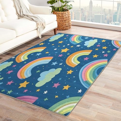 Kids Rainbow Starry Sky Rug, 6x9 Rug, Washable Rugs for Living Room Bedroom, Large Area Rug, Non Slip Soft Low Pile Indoor Carpet & Home Decor