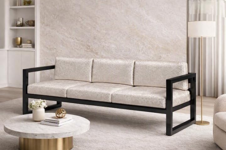 Image of Modern 3-Seater Outdoor Sofa with White Cushions, Black Metal Set Upon a Sturdy Black Metal Geometric Base Frame.