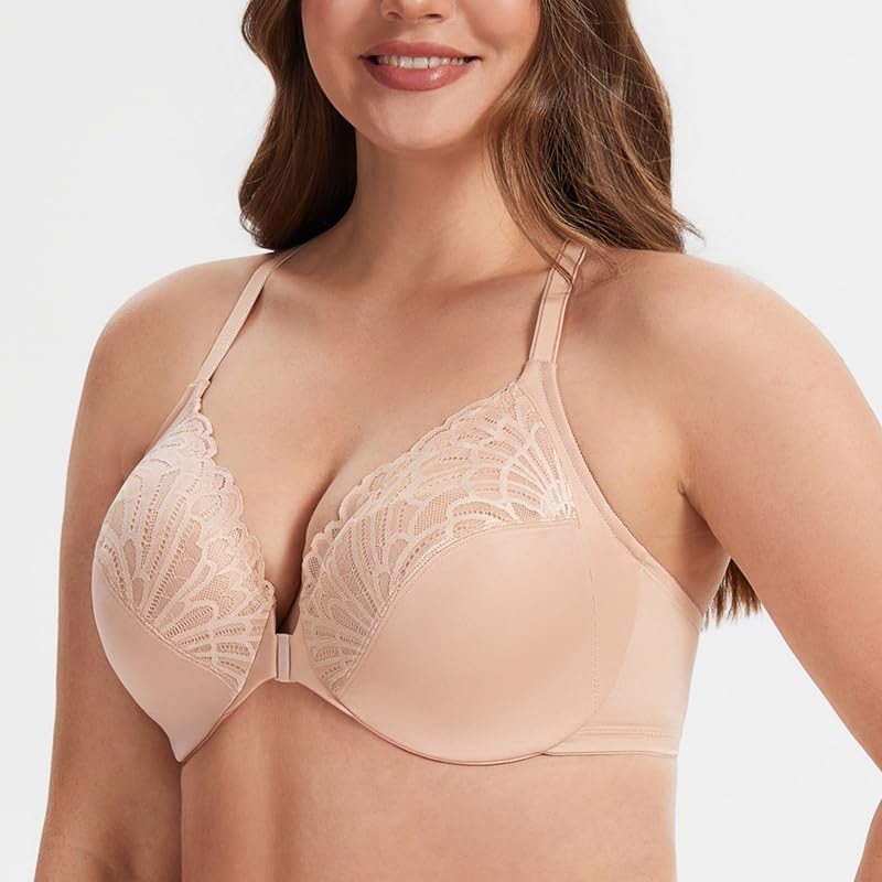 MELENECA Sujetador con Aros de Cobertura Completa para Mujer, con Cierre Frontal, Encaje, sin Forro, Talla Grande