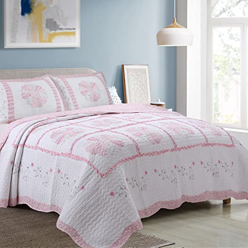 Cozy Line Home Fashions Pink Daisy Field Flora Real Patchwork Cotton Reversible Quilt Bedding Set, Coverlet, Bedspread (Daisy Field, King - 3 Piece)