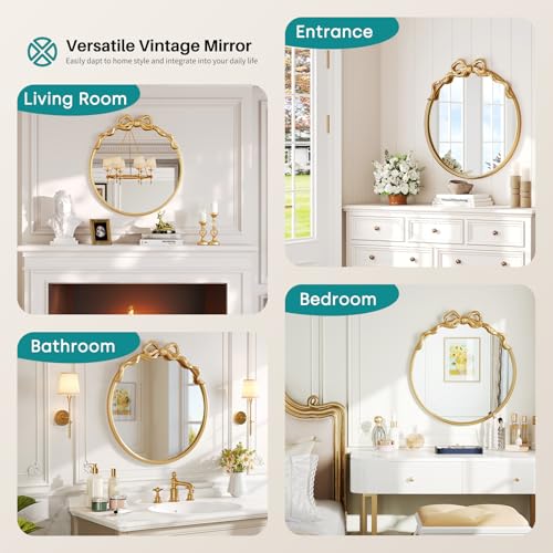 Image of Round Bow Mirror Decor, 21 inchx21 inch Vintage Gold Circle Mirrors