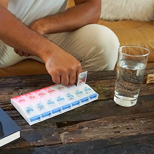 Image of EZY DOSE Push Button (7-Day) Pill Case, Medicine Planner, Daily Vitamin Organizer, 2 Times a Day AM /PM, Large Compartments, Arthritis Friendly, Easy to Use, Clear Lids, Red /Blue, BPA Free (Pack of 2)