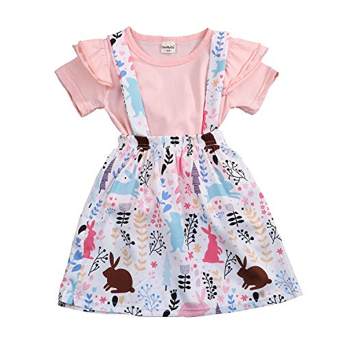 Toddler Baby Girl Easter Clothes Skirt Set Ruffle Sleeves Top+ Rabbit Print Floral Suspender Skirt Tutu Dress Outfits(2-3 Years, Short Sleeves top+ Floral Skirt Set)