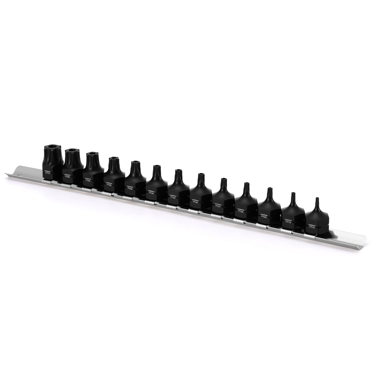 CASOMAN 13-Piece 3/8" Drive Low Profile Impact Torx Bit Socket Set, Tamper Proof Socket Set Includes Storage Rail, S2