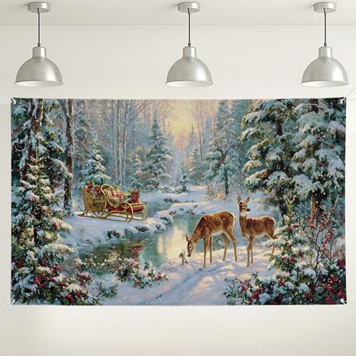 Toile de fond Winter Wonderland - Scène vintage de forêt de cerf - Décoration de fête pour événements de Noël - 180 x 100 cm