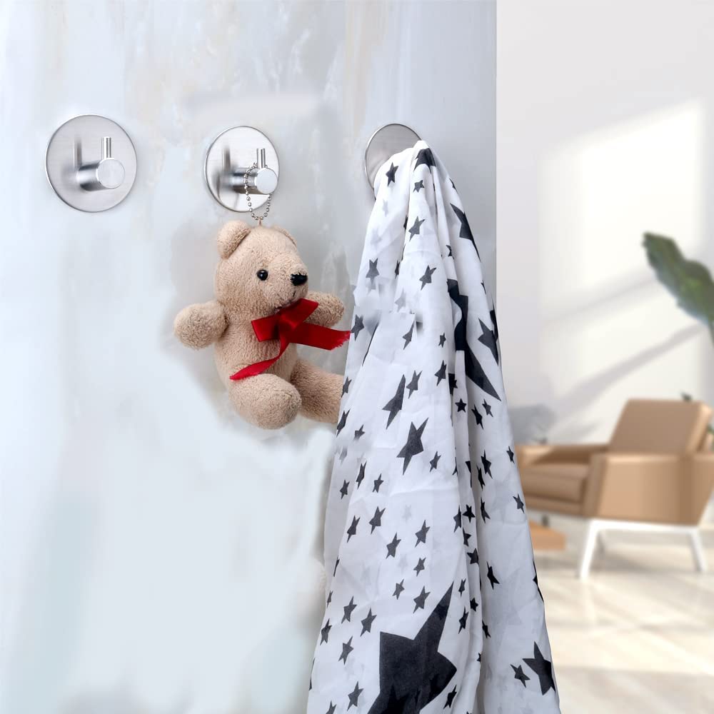 PLATU 4pcs Heavy Duty Adhesive Hooks, Durable 304 Stainless Steel Wall Hangers, Self-adhesive Wall Mounted Hanger, Towel Hook Wall Mount for Home, Office, Kitchen, Bathroom (Round, Silver)