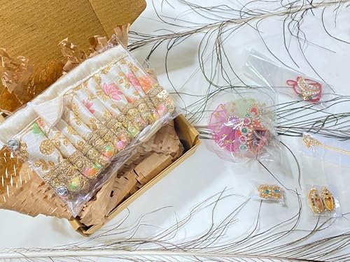Laddu Gopal Dress & Accessories Set Poshak – Premium Handmade Designer Beige-Multicolor Outfit with Five Accessories for Kanha Ji (Fits Idol Size No. 2 & 3) | Divine Elegance for Your Bal Gopal Idol image 5
