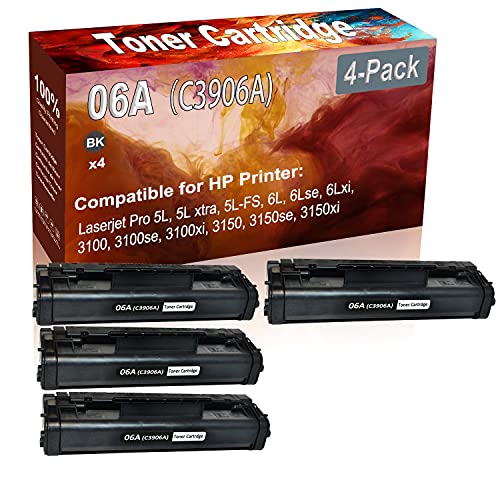 4-Pack (Black) Compatible High Yield 06A (C3906A) Printer Cartridge use for HP 5L, 5L Xtra, 5L-FS, 6L, 6Lse, 6Lxi, 3100, 3100se, 3100xi, 3150, 3150se, 3150xi Printer
